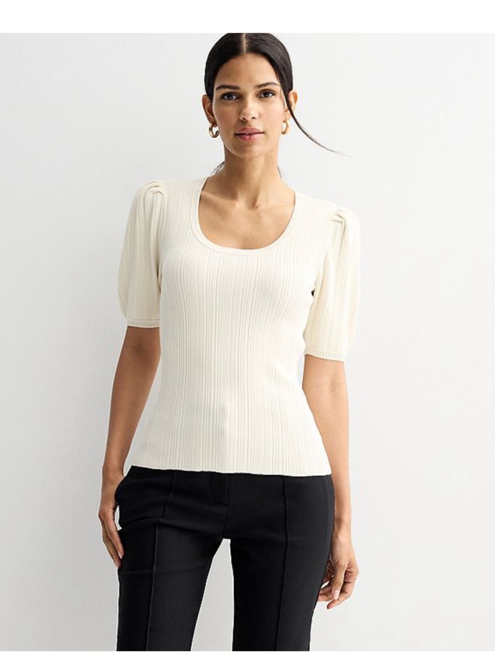 Nine West Cream Ribbed Puff-Sleeve Scoop Neck Sweater Tee